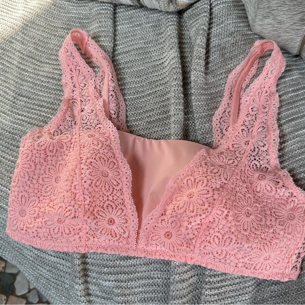 AERIE Women's Size M LightlyLined Square Neck Pink Lace Wire Free Bralette M
